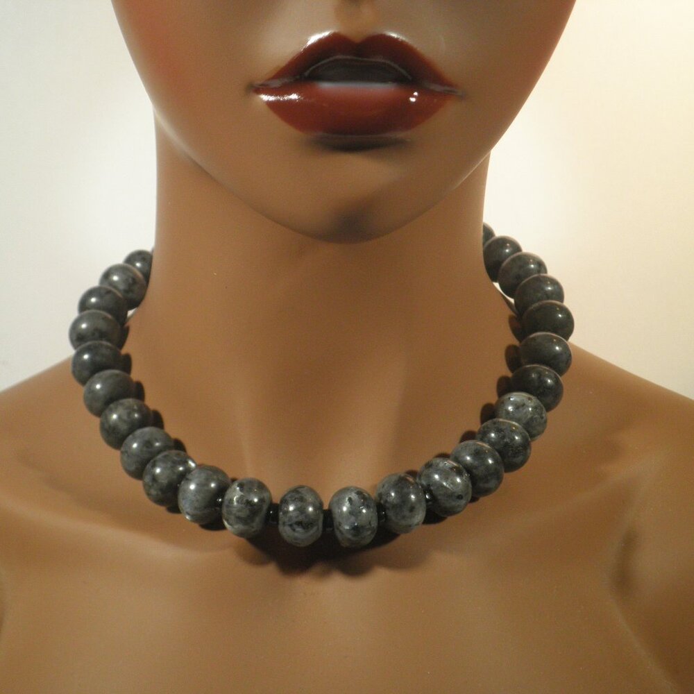 Vintage Larvakite Stone Beaded Choker Necklace - Sterling Silver